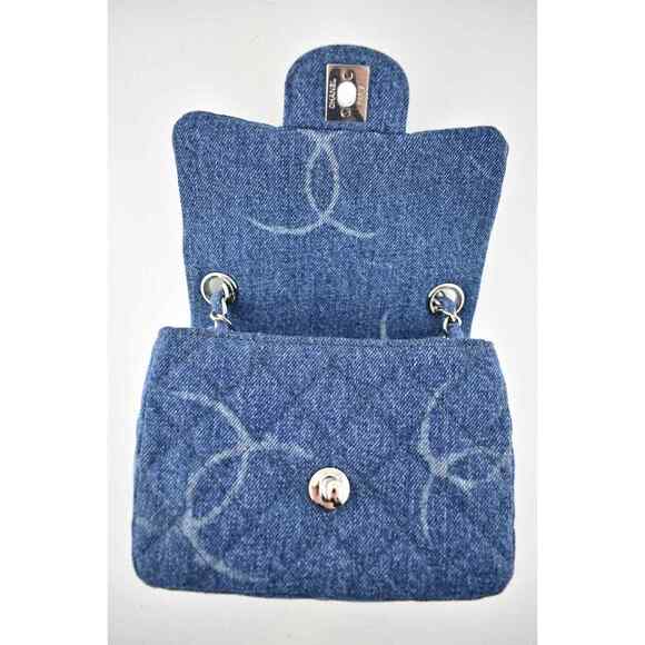 Chanel 20B Blue Denim Mini Square CC Logo Quilted Silver Chain Crossbody Bag - Picture 10 of 12